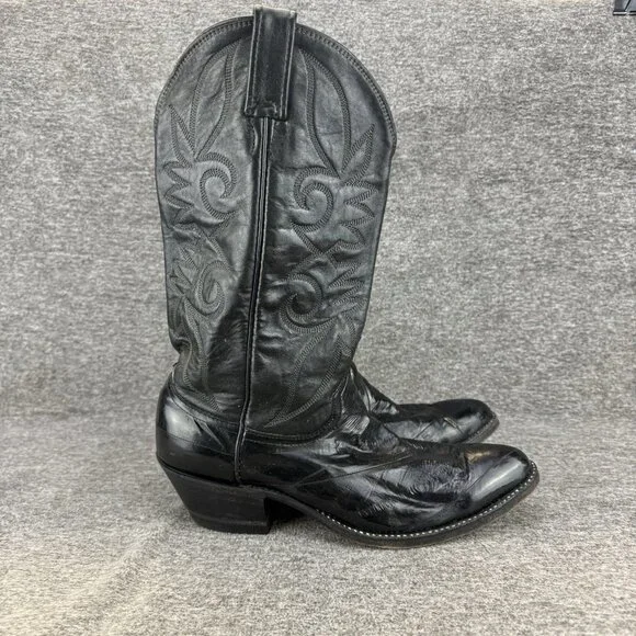 ✅ Mens 9.5D VTG Cowboy Boots Black Leather Almond Toe Embroidered Made In USA - Picture 8 of 11